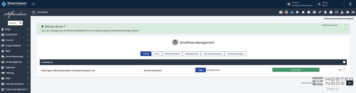 WordPress site registered in Softaculous WordPress Management.