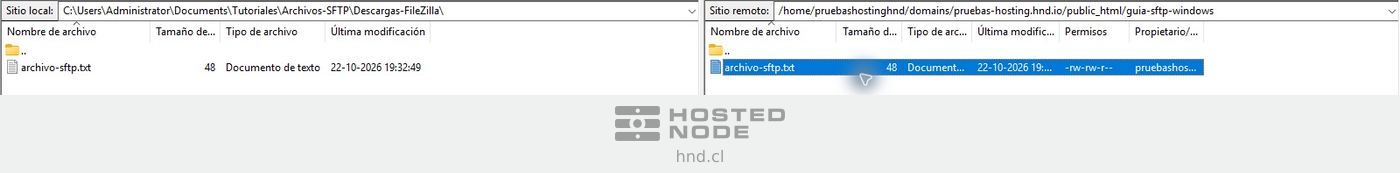 Archivo descargado con FileZilla visible en las carpetas local y remota.
