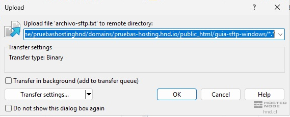 WinSCP con el archivo seleccionado y el destino remoto de la subida.