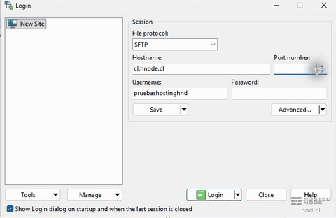 Acercamiento a Login de WinSCP con SFTP y los campos Hostname, Port number y Username.