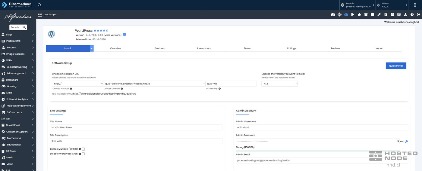 WordPress location, site details, and administrator account in Softaculous.