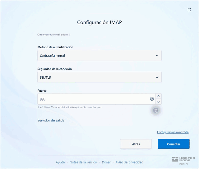 Close-up of SSL/TLS security and port 993 for the IMAP server in Thunderbird.
