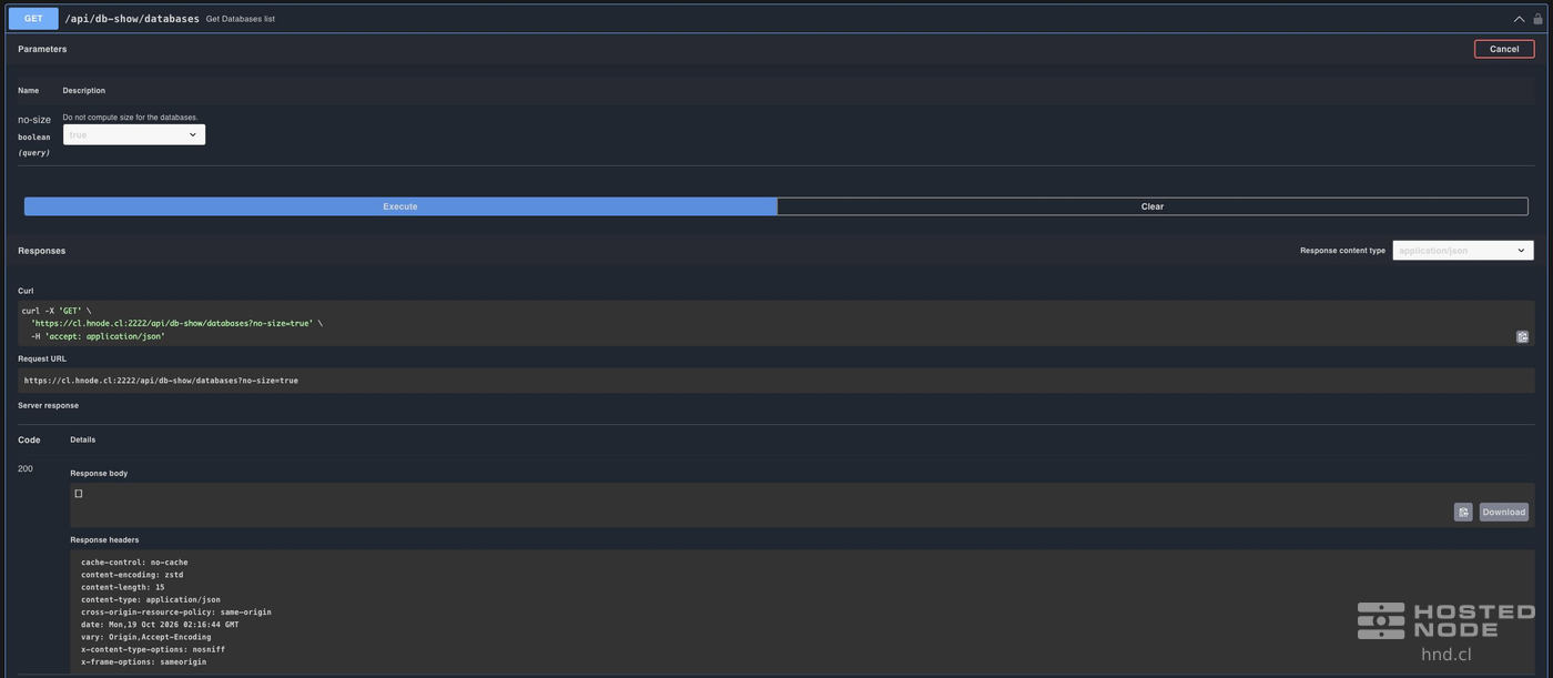 GET /api/db-show/databases con no-size=true y respuesta HTTP 200 con una lista vacía.