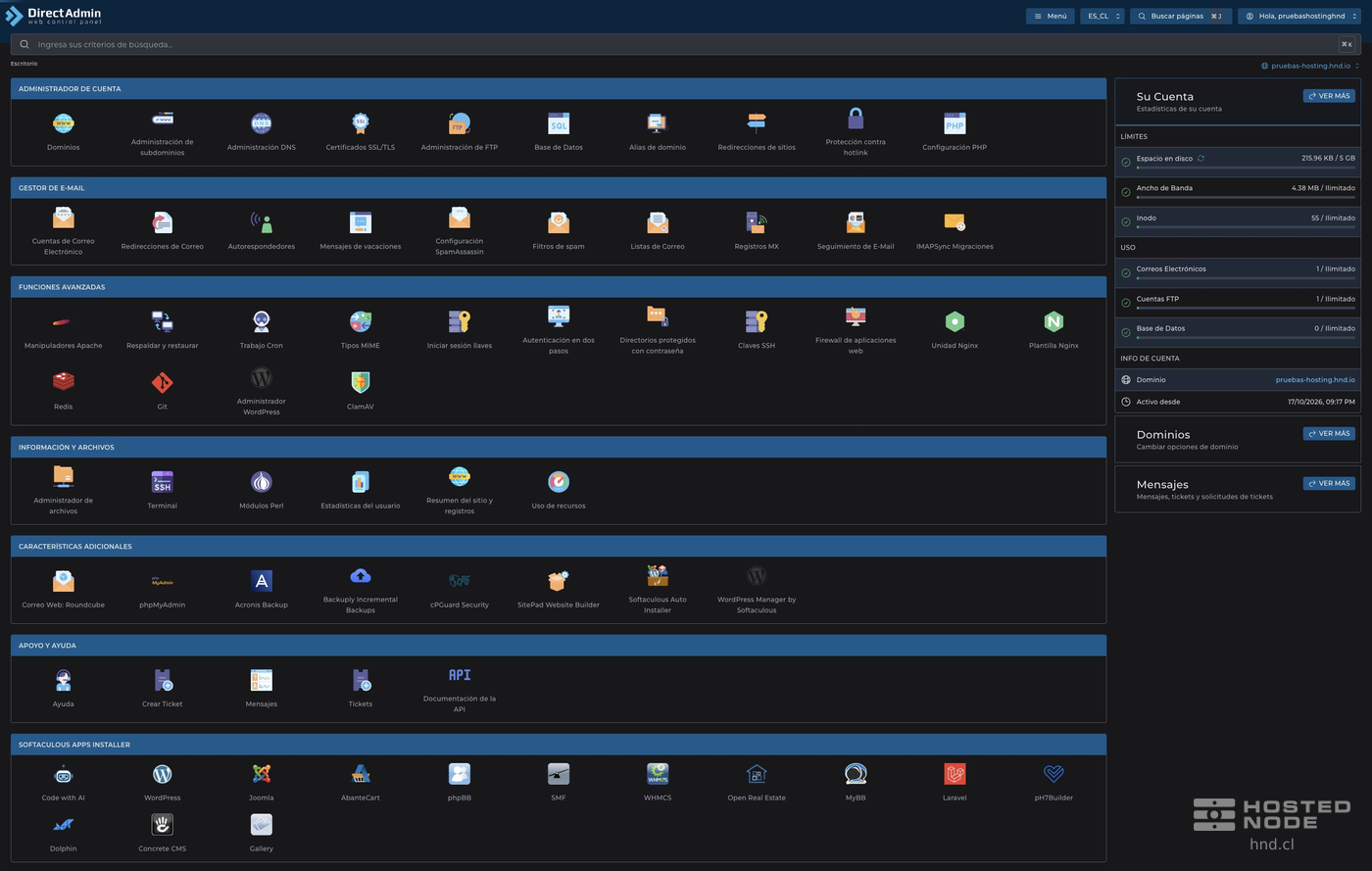 Escritorio completo de DirectAdmin con Funciones Avanzadas y Apoyo y ayuda.
