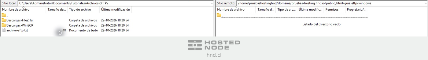 FileZilla conectado por SFTP con una carpeta local a la izquierda y el directorio del sitio a la derecha.