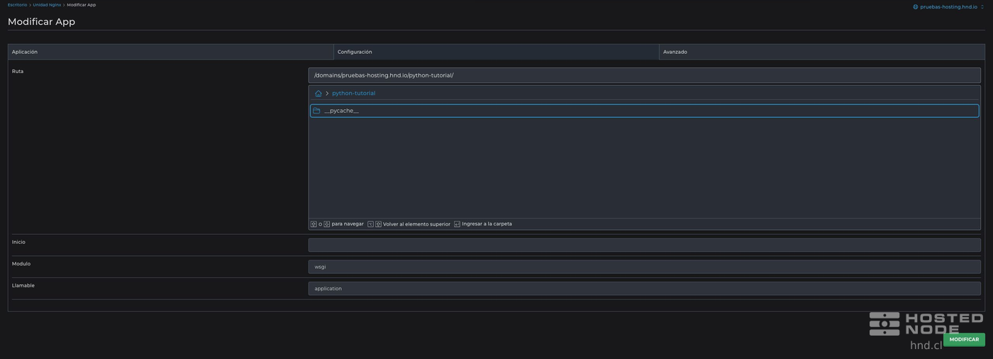 Configuração Python com a pasta do projeto, o módulo wsgi e a função application.