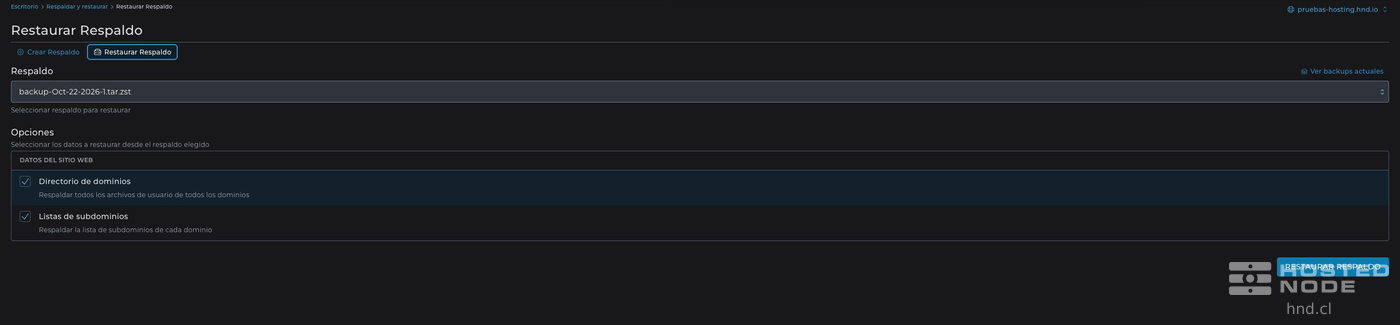 Restore Backup screen with a file selected and the categories available for recovery.