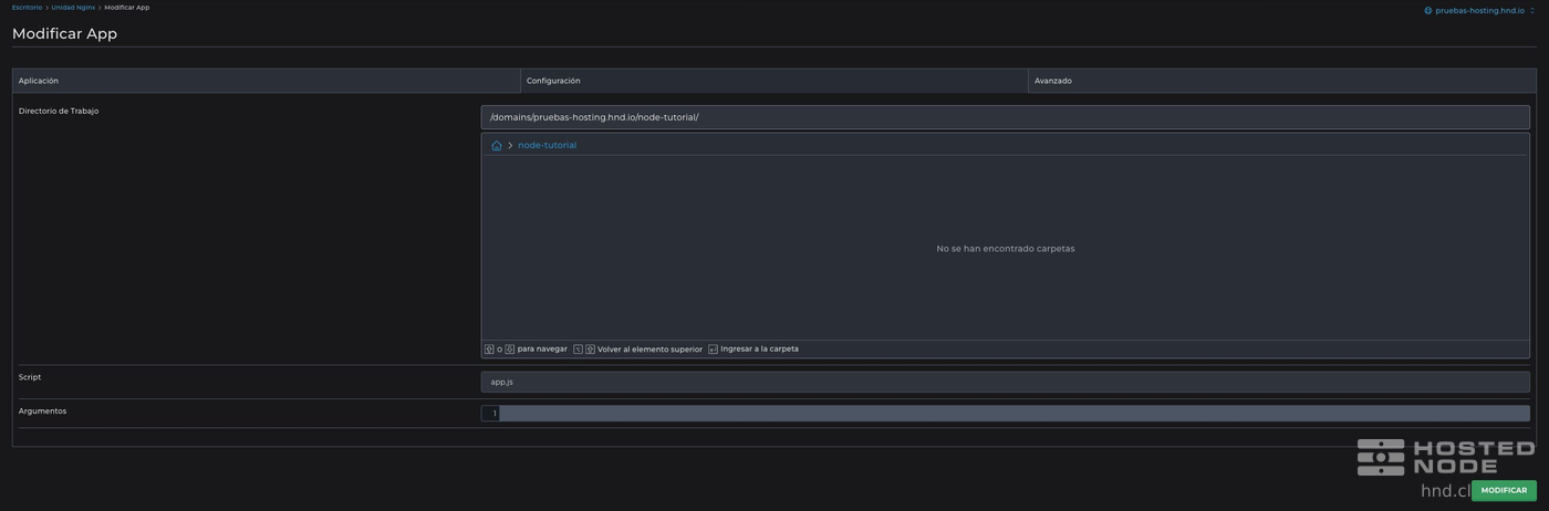 Configuração salva de uma aplicação Node.js com seu Diretório de trabalho e o script app.js.