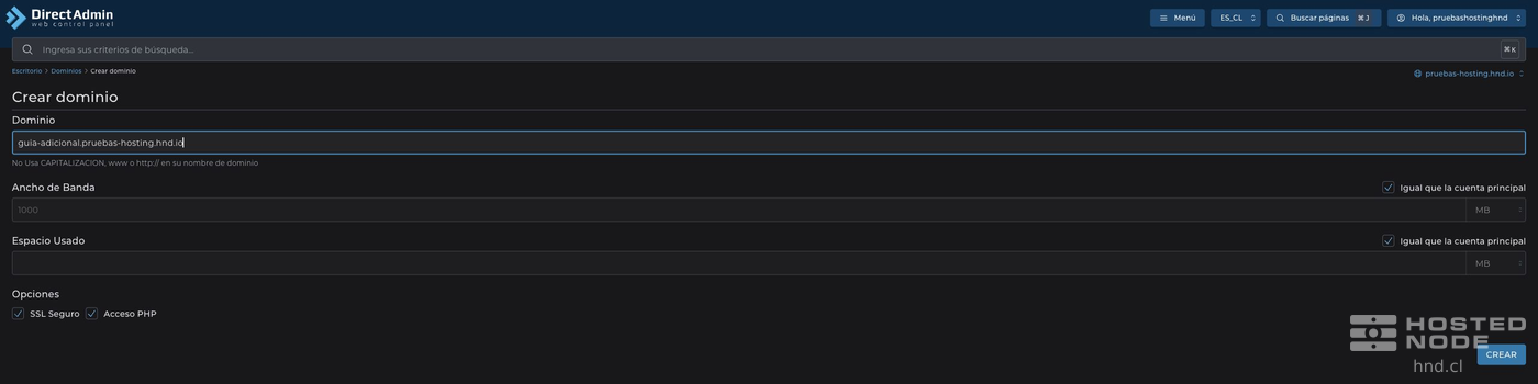 Create Domain form with limits and SSL and PHP options.