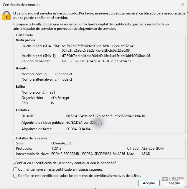 FileZilla FTP certificate window showing the server name, validity period, fingerprint, and TLS details.