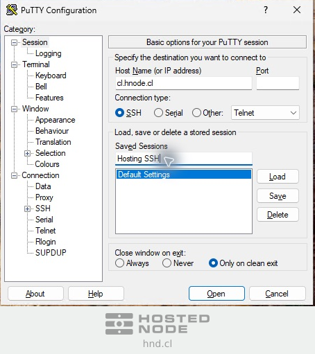 Configuración de una sesión SSH en PuTTY con Host Name, Port, Saved Sessions y Open.