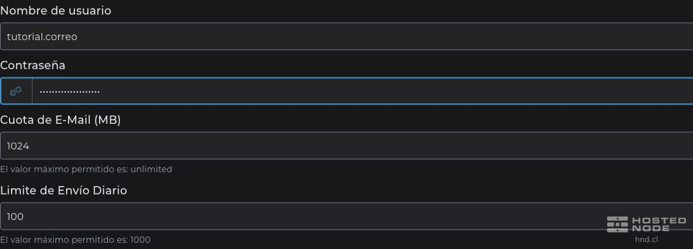 Close-up of the Username, hidden Password, E-mail Quota in MB, and Daily Send Limit fields.