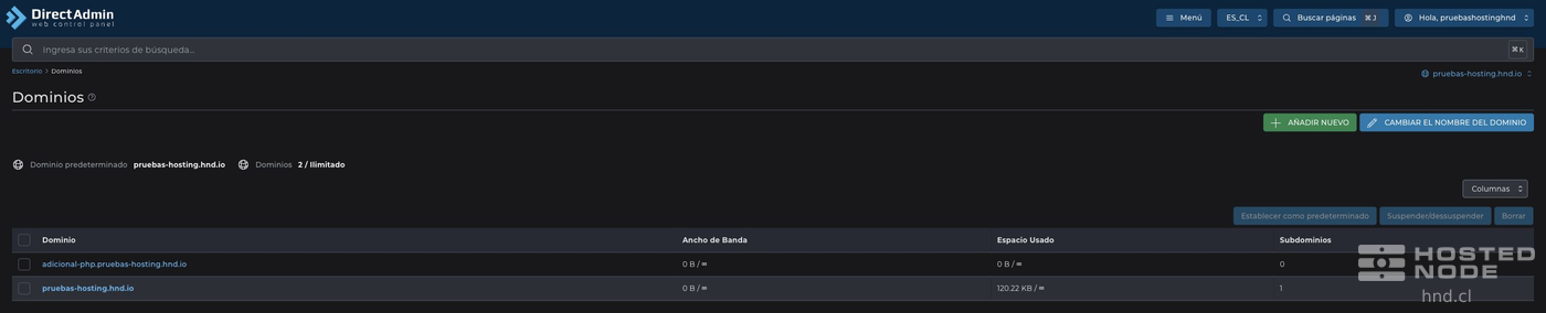 Lista de domínios disponíveis na conta do DirectAdmin.
