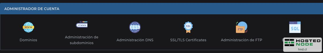 Detalhe do grupo Gerenciador de Conta com Domínios, subdomínios, DNS, SSL/TLS, FTP e Banco de Dados.