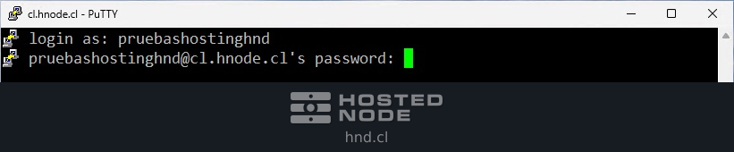 Terminal PuTTY con login as y la solicitud de contraseña de la cuenta de hosting.