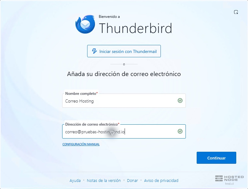 Thunderbird wizard with Full name and Email address fields for adding an existing account.