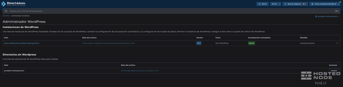 Native WordPress installation showing the hostname, folder, version, and title.