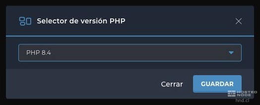 Seletor de versão PHP do domínio com os botões Fechar e Salvar.