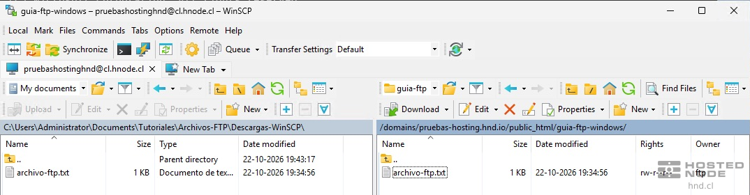 WinSCP with the FTP file available in the local and remote panes after downloading it.