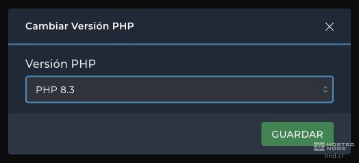 Janela Alterar Versão PHP com seletor de versão e botão Salvar.