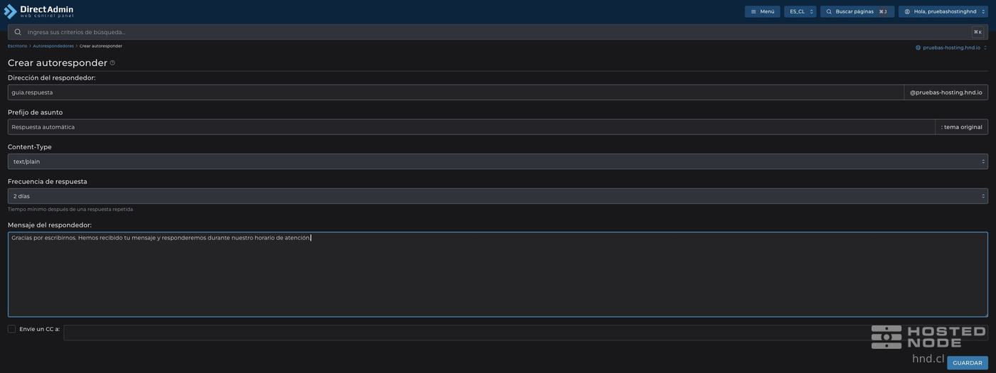 Endereço, prefixo do assunto, frequência e texto da resposta automática.