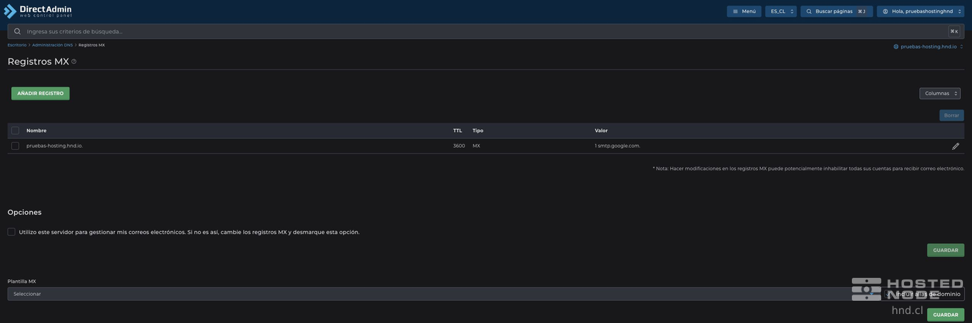 Google MX record saved with local email management unchecked.