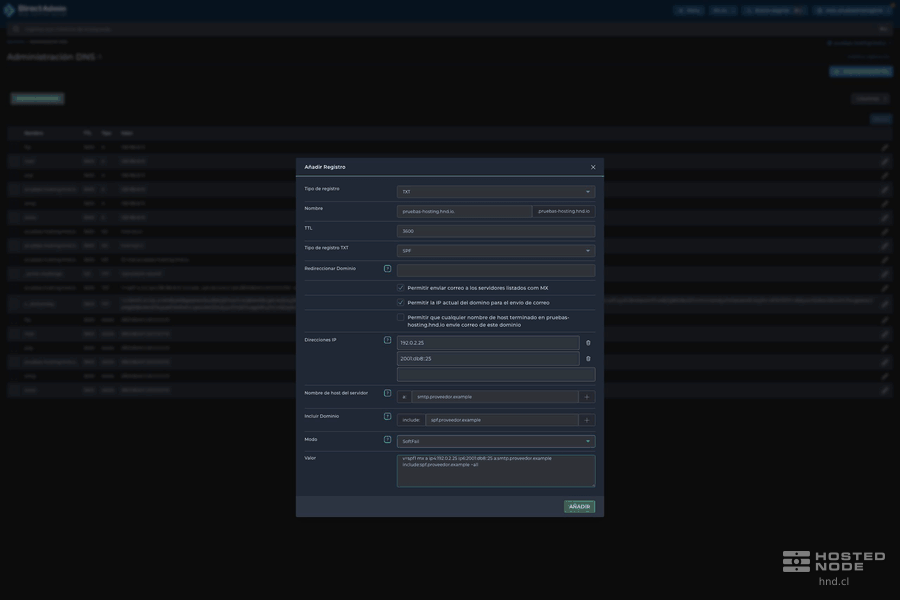 The SPF form zooms in first on the authorization checkboxes and then on the IP, server, and include lists and the mode; amber outlines highlight the controls.