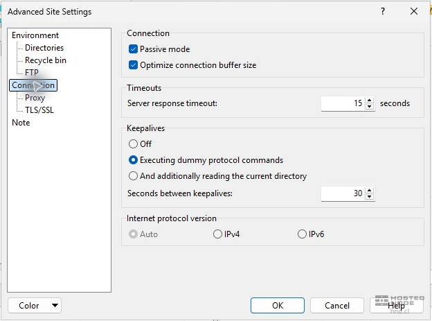 WinSCP Advanced Site Settings under Connection with Passive mode selected.