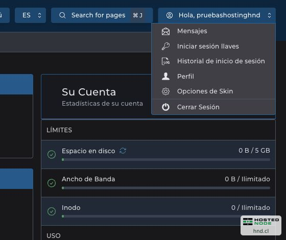 Menu do usuário do DirectAdmin aberto com a opção Sair na parte inferior.