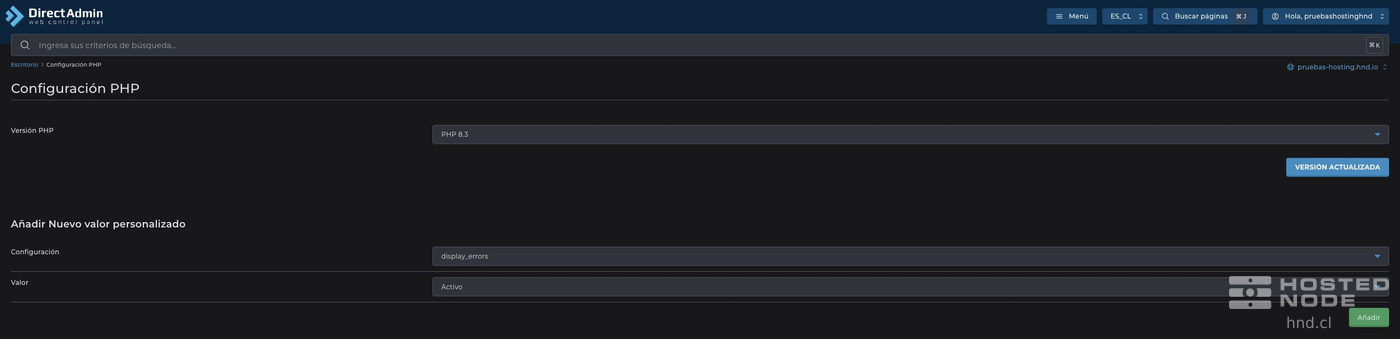 Seção Configuração PHP com o seletor de versão e o formulário Adicionar Novo valor personalizado.