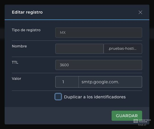 Editing the MX record with priority 1 and destination smtp.google.com.
