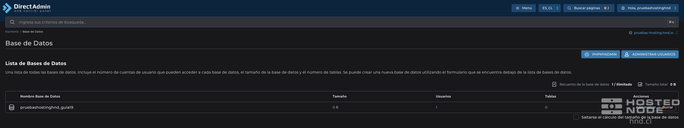 The new database appears in the list with an associated user.