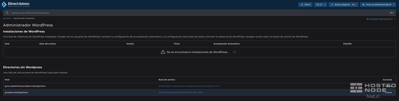 Directories without WordPress, showing their hostnames and installation paths.