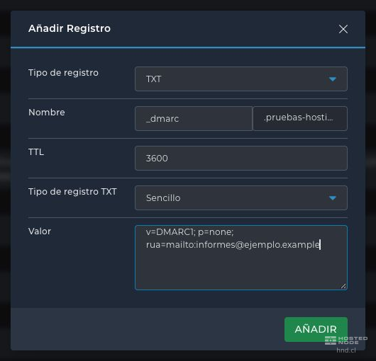 Formulario TXT con nombre _dmarc y valor DMARC que contiene p=none y una dirección rua para informes.