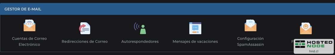 Detalhe do Gerenciador de E-mail com contas de e-mail, redirecionamentos, respostas automáticas, férias e opções antispam.