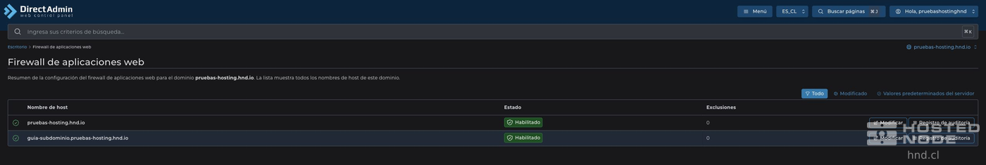 Hostnames with WAF status, number of exclusions, and audit log access.