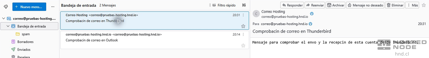 Thunderbird with a message received in the hosting email account.