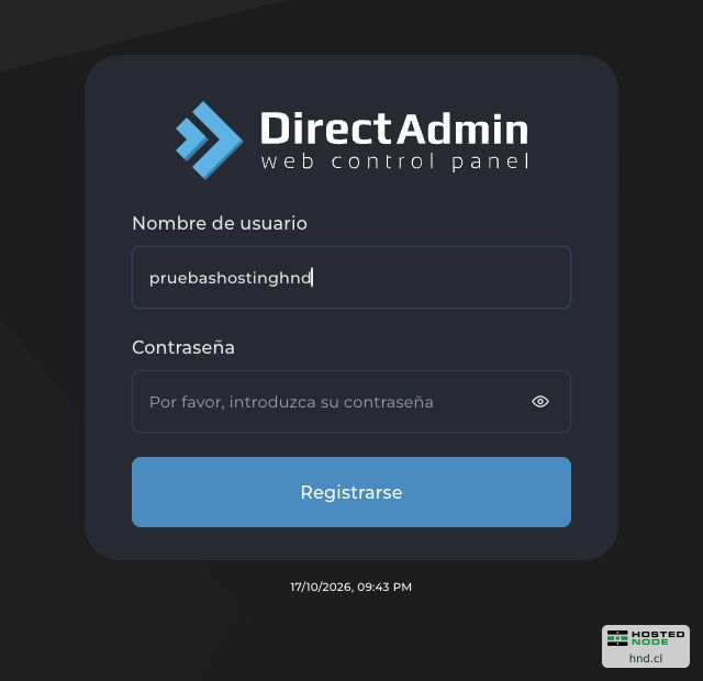 Formulário de acesso ao DirectAdmin com os campos Nome de usuário e Senha; a senha está vazia.