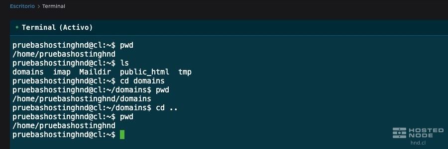 Terminal activo con las respuestas de pwd y ls, seguido del acceso a domains y el regreso a la carpeta del usuario.