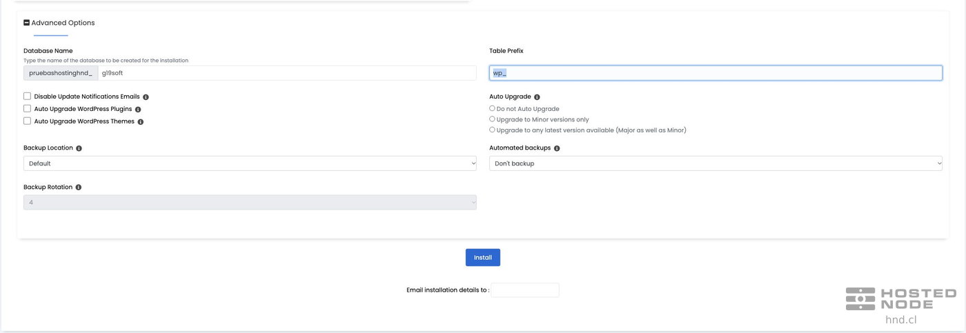 Advanced database options and the Softaculous Install button.