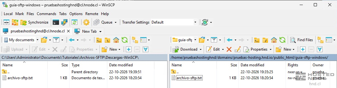 Archivo descargado con WinSCP disponible en la carpeta local elegida.