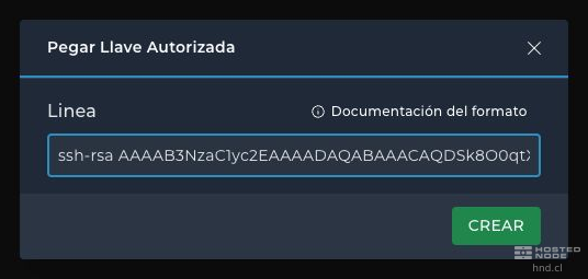 DirectAdmin's Paste Authorized Key dialog with an RSA public key line.