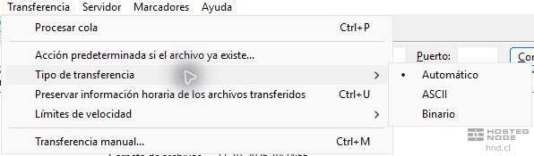 FileZilla Transfer menu showing Transfer type and the Binary option.