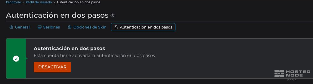 DirectAdmin confirma que la autenticación en dos pasos está activada.