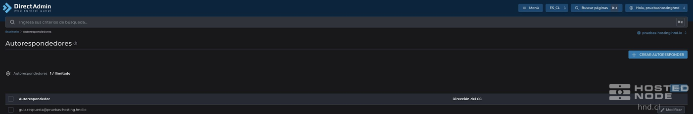 Autorrespondedor criado na lista e link Modificar.