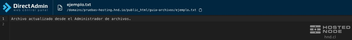 DirectAdmin text editor showing the name, path, and contents of ejemplo.txt.