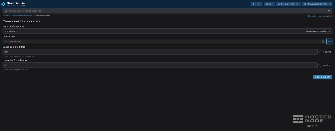 Full form with username tutorial.correo, domain pruebas-hosting.hnd.io, hidden password, 1024 MB quota, and daily limit of 100.