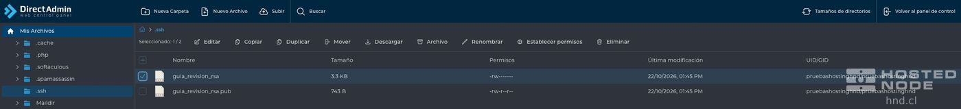 File Manager in .ssh with the private key selected and the Download action.