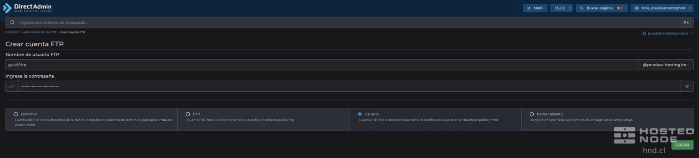 Formulário de conta FTP com as opções de diretório e Usuário selecionado.