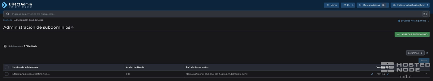 Lista de subdomínios com nome, raiz de documentos e versão PHP.